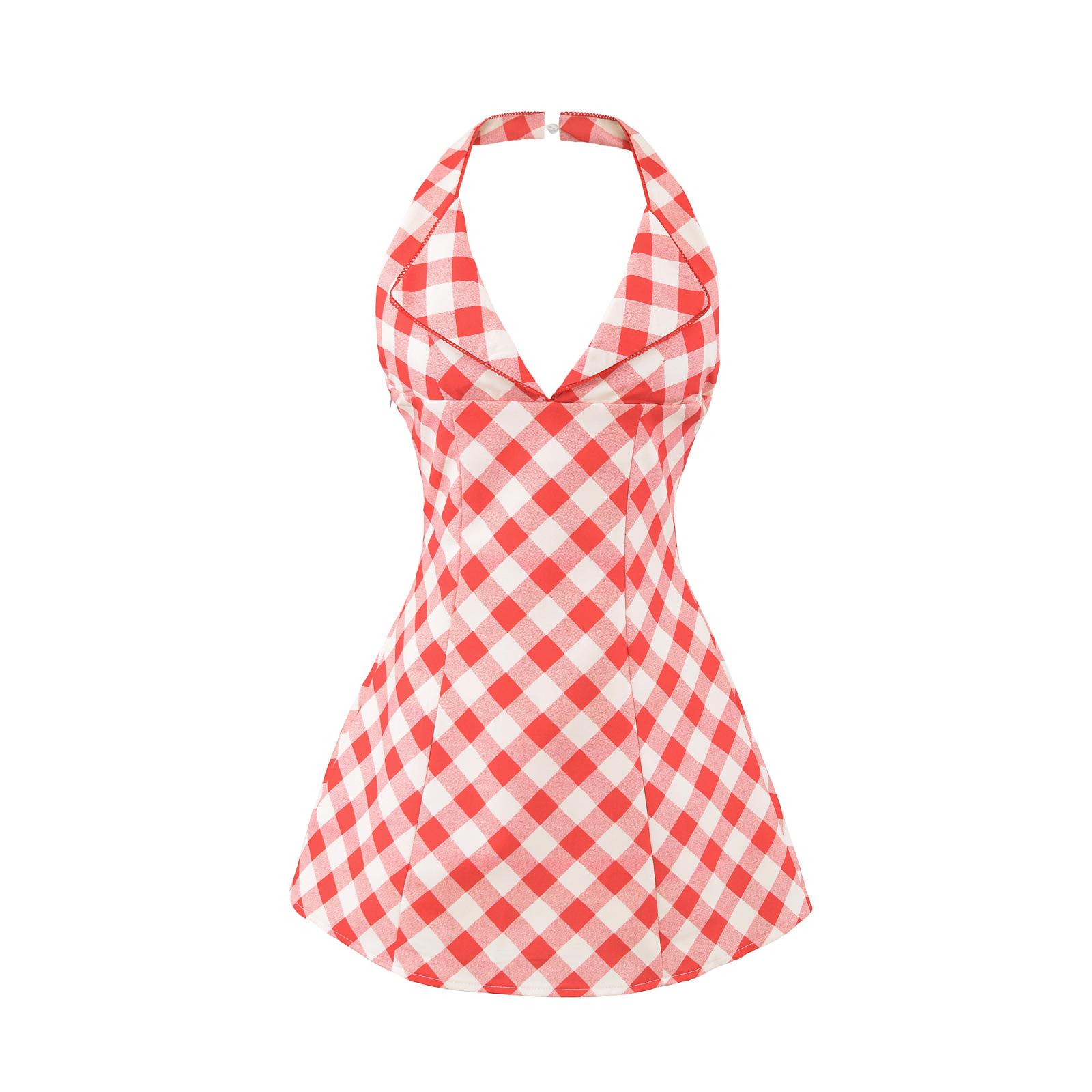 European-Style French Women s Red Plaid Halter A-Line Backless Dress L