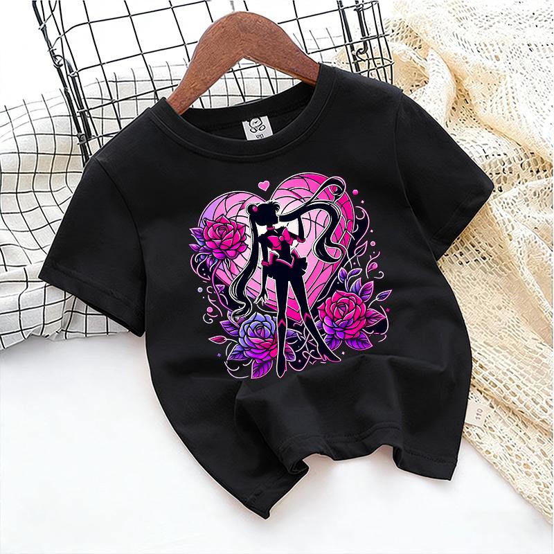SailorsMoon Anime Girl's T-shirt Cotton Clothes Cute Cartoon Printed Toddler Sweatshirt Casual Short Sleeve Kids Game Trend Tops