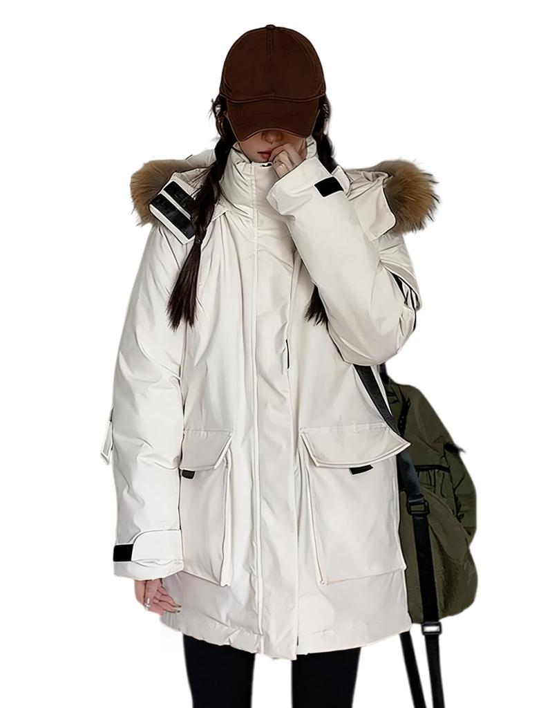 Inotenka Winter Padded Hooded Parka with Warm for Commuting and Available In M and L Sizes Women's Coat, Pockets, School, (L Beige)
