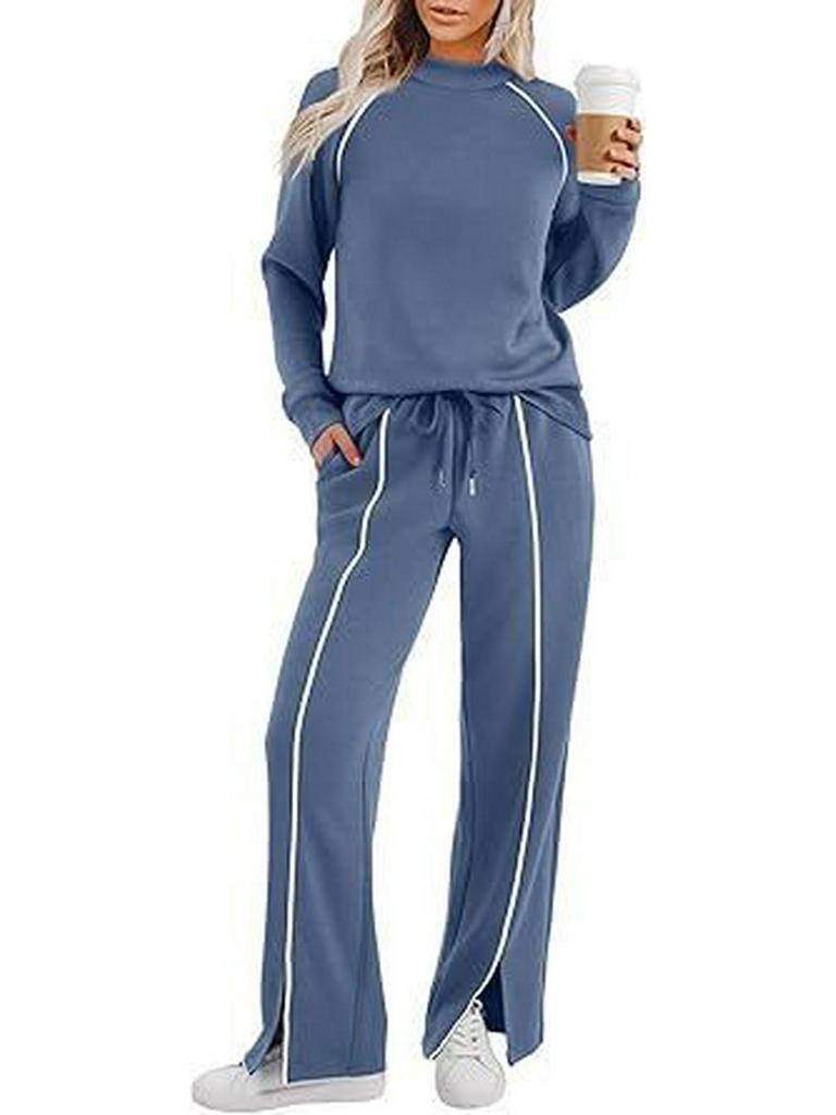 Women's Crew Neck Long Sleeve Stretch Pants and Slit Sweatshirt Set