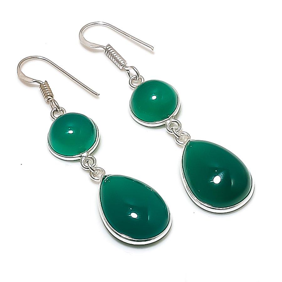 

Natural Green Onyx Gemstone Handmade 925 Sterling Silver Earring 2.17 AE-11731