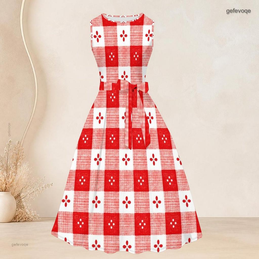 Women Plus Size Two Piece Set Geometric Printed 3 4 Sleeve Draped Cardigan Sleeveless Round Neck Tie Waist Flared Dress