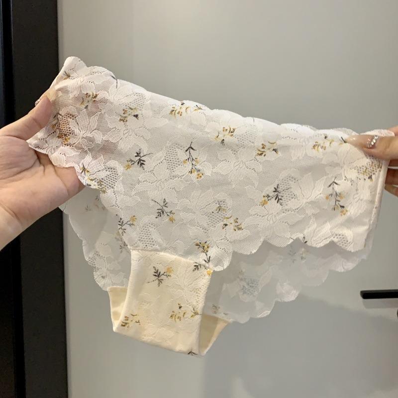 Women's Thin Pure Desire To Print Lace Sexy Wave Edge Breathable Seamless Cotton Bottom Crotch Underwear