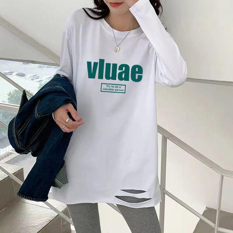 Mittelanges Damen-T-Shirt mit Rissen - Frühjahr/Herbst 2025, Koreanischer Stil Langarm-Oberteil