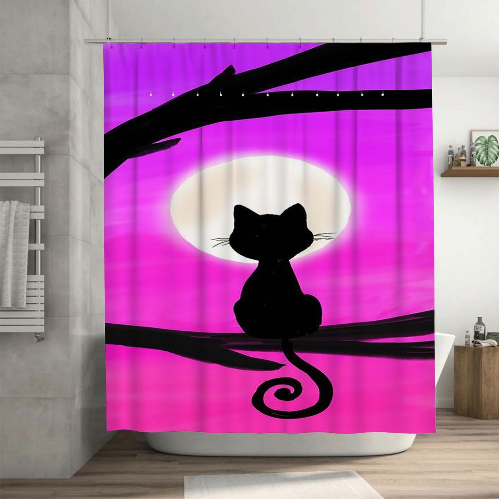 Black Cat on Branch Waterproof Shower Curtain Heat Resistant Machine Washable Non-Transparent 180x180cm