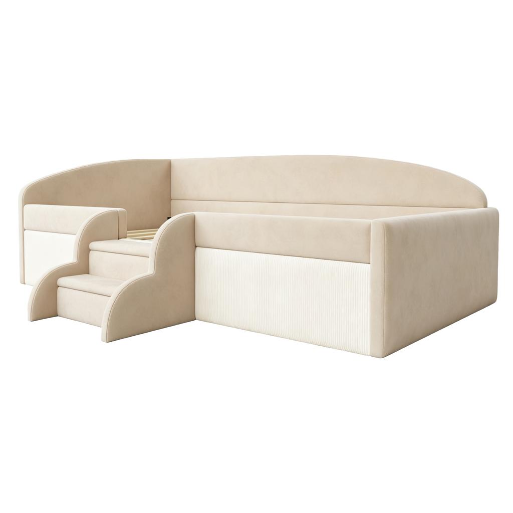 Cama Estofada Cama Infantil 90*190cm, Cama Multifuncional, Com Degraus e Grades de Proteção, Tecido de Veludo Amigo da Pele, sem Colchão Bege