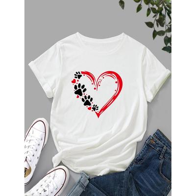 Dog Paw Print T-Shirt, Short Sleeve Crew Neck Casual Top For Spring & Summer, Women's Clothing