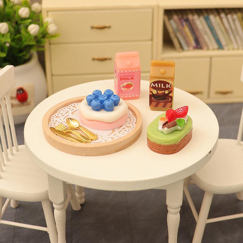 1Set 1:12 Dollhouse Miniature Cake Milk Fork Tray Food Model Kitchen Decor Toy For Doll House Accessories Kids Gift