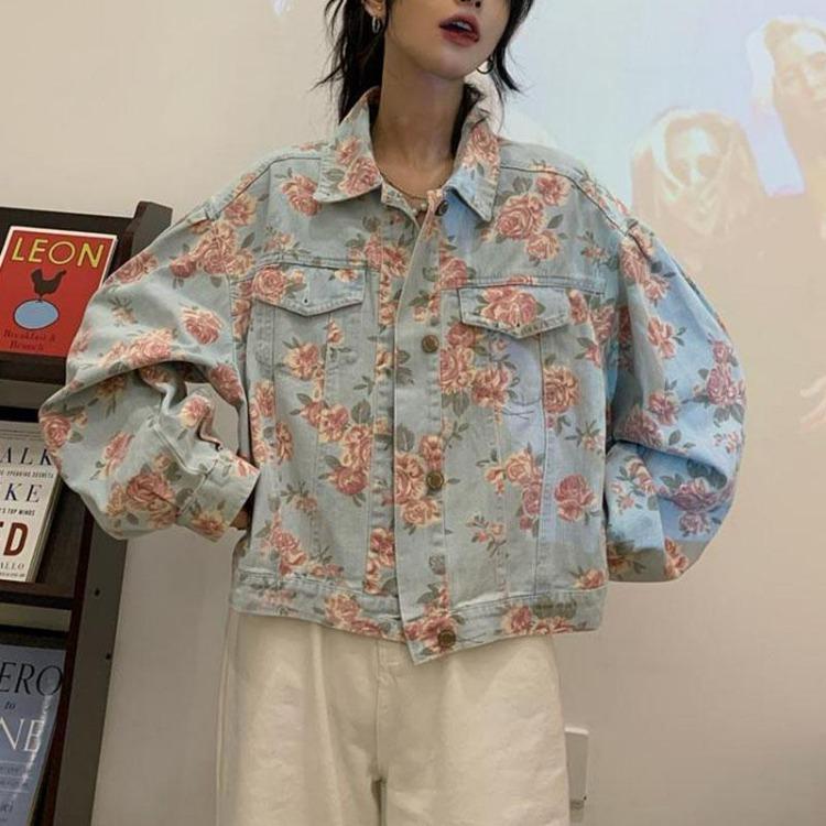 Women Denim Jacket Vintage Floral Print Casual Short Basic Coat Autumn Outwear Female Fashion
