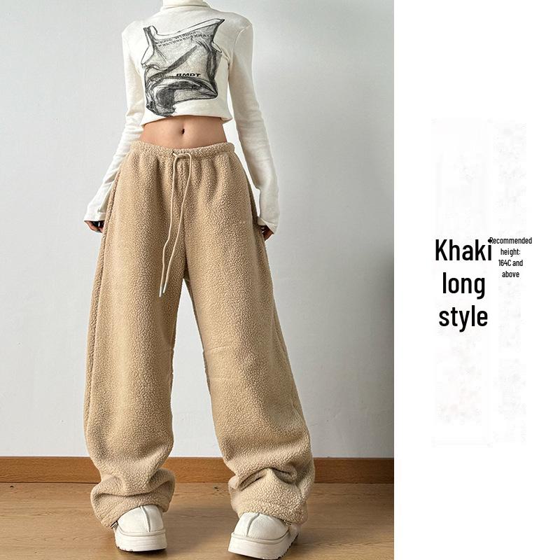 Damskie dwustronne pluszowe polarowe spodnie z szerokimi nogawkami – leniwe, stylowe, z wysokim stanem, ciepłe, luźne, wszechstronne spodnie zimowe.