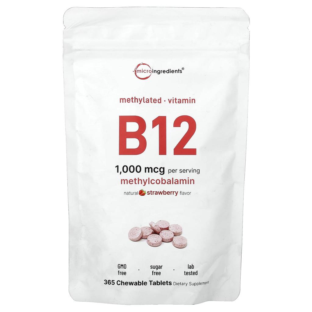 Micro Ingredients, Vitamin B12, Natural Strawberry Flavor, 1,000mcg, 365 Chewable Tablets