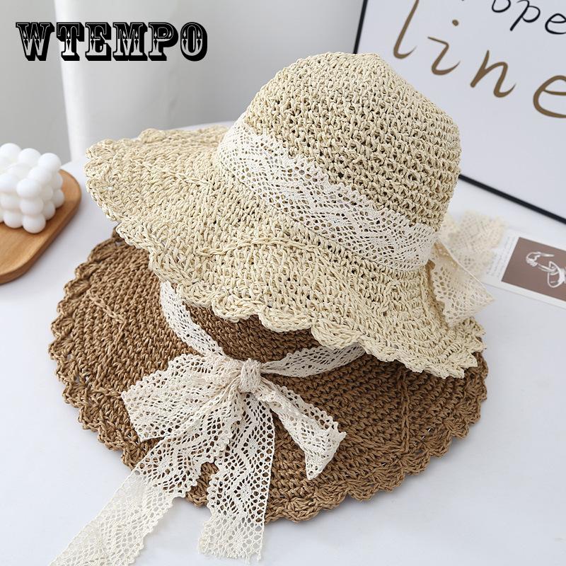 Summer Outing Big Eaves Beach Sun Hat Straw Hat Women Lace Straps Bow Hat Women