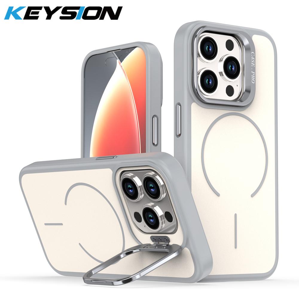 KEYSION Matte Skin Feel Lens Stand Phone Case for Magsafe for iPhone 13 14 15 Pro Max 15 Plus Magnetic Wireless Charging Shockproof Cover