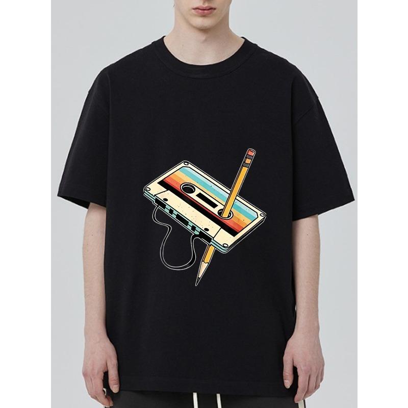 Black T Shirt with Cassette Tape and Pencil Graphic Design for Casual Wear