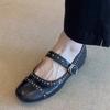 Sheepskin Version~ French Retro Rivet Mary Jane Women's Shoes Shallow Mouth One-word Buckle Single Shoes Versatile Flat Ballet Shoes