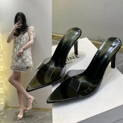 Pointed Toe Big Size Thin Heels Female Shoes Transparent Slippers Slides Heeled Mules 2025 Summer High Pumps Scandals Transparen