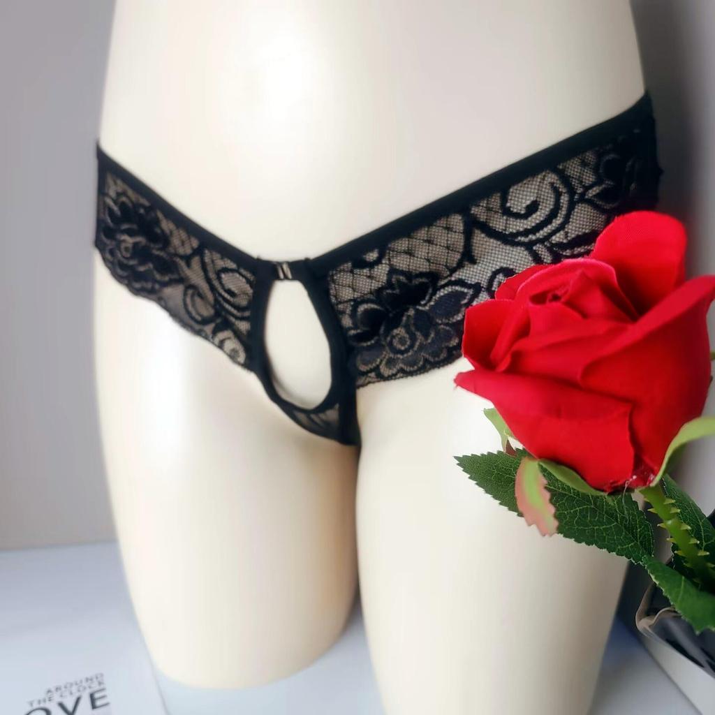 Men's Lace See-Through Thong with Open Crotch and Straight Insert for Temptation.