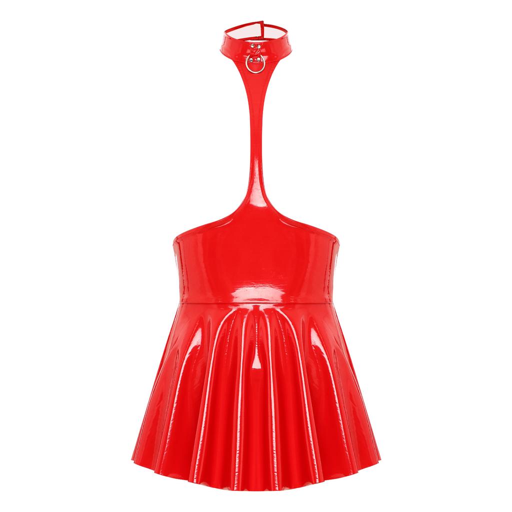 Women's Patent Leather Halter Neck Sexy Backless Bodycon Party MIni Dress Clubwear