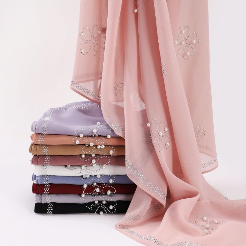 Pearl Chiffon Clover Rhinestone Beaded Ethnic Square Scarf For Women