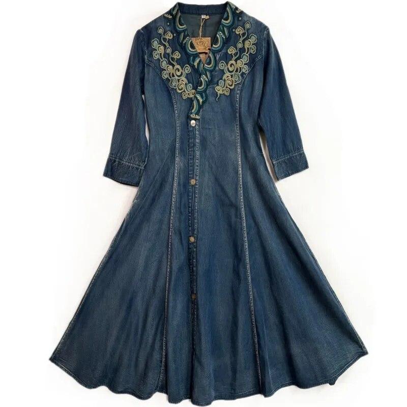 Johnature Vintage Chinesischen Stil Stickerei Baumwolle Einreiher Kleid Frau Frühling V-Ausschnitt Lange Ärmel A-Linie Kleid