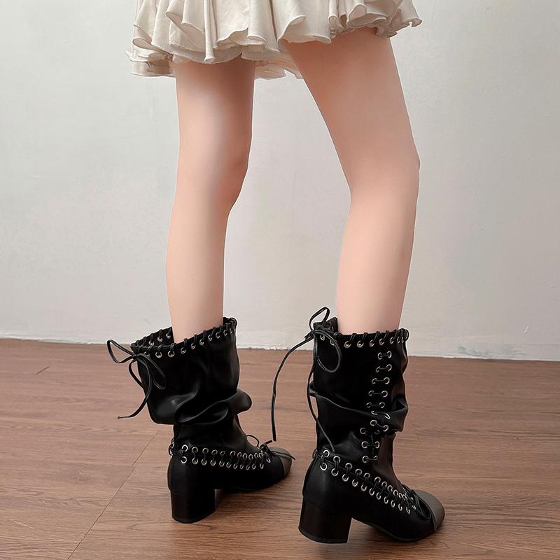 Fashion Vintage Cross Strap Thick Heel Women Motorcycle Boots Fashion Ladies Metal Buckle Pleated Mid Calf Booties