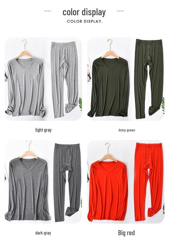 Men's V-Neck Thermal Underwear Set: Modal, Cotton, Wool - Slim Fit, Plus Size Top & Bottoms for Autumn