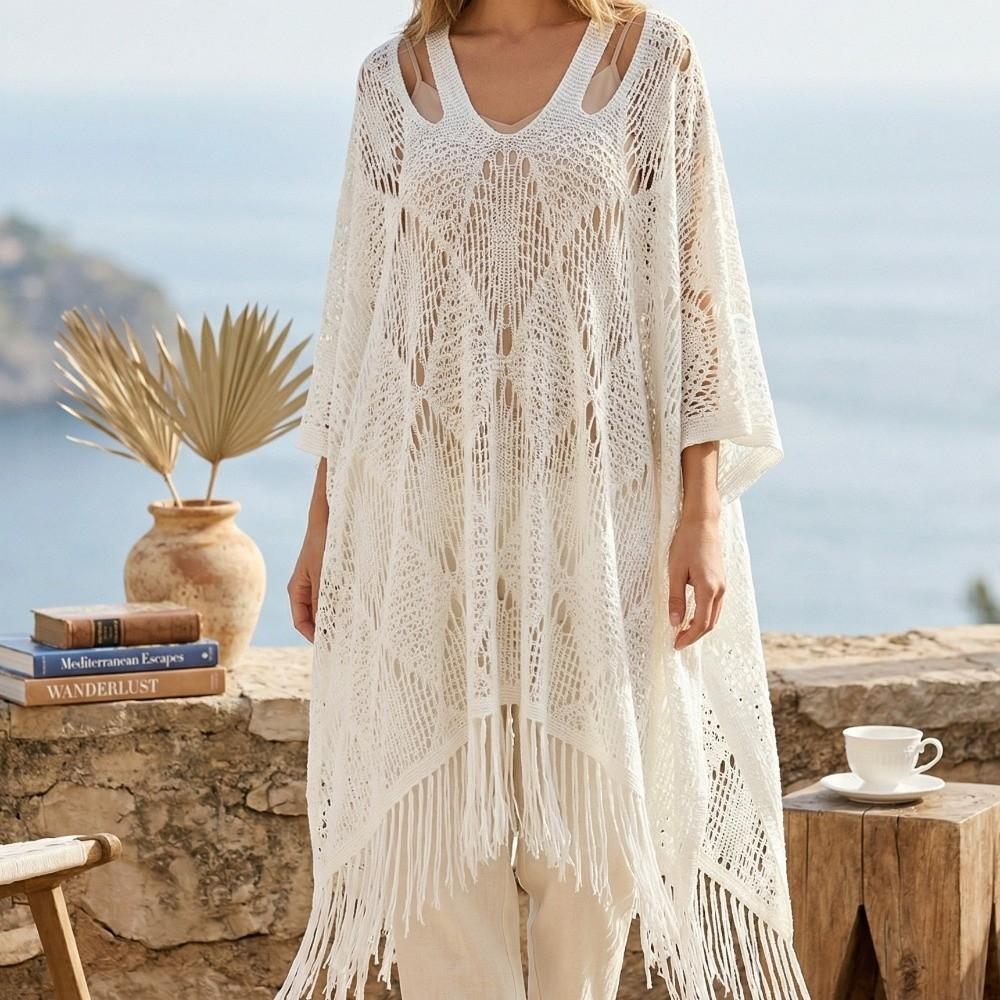 Tassels Bohemian Shawl Plus Size Crochet Top Women Casual Knit Hollow Out Top Streetwear