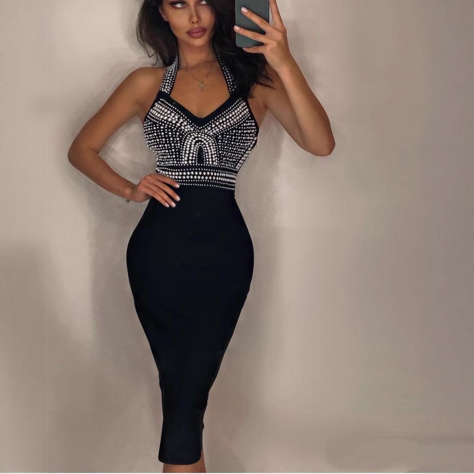2022 Halter V-Neck Beaded Bandage Midi Dress - Slimming Evening Style