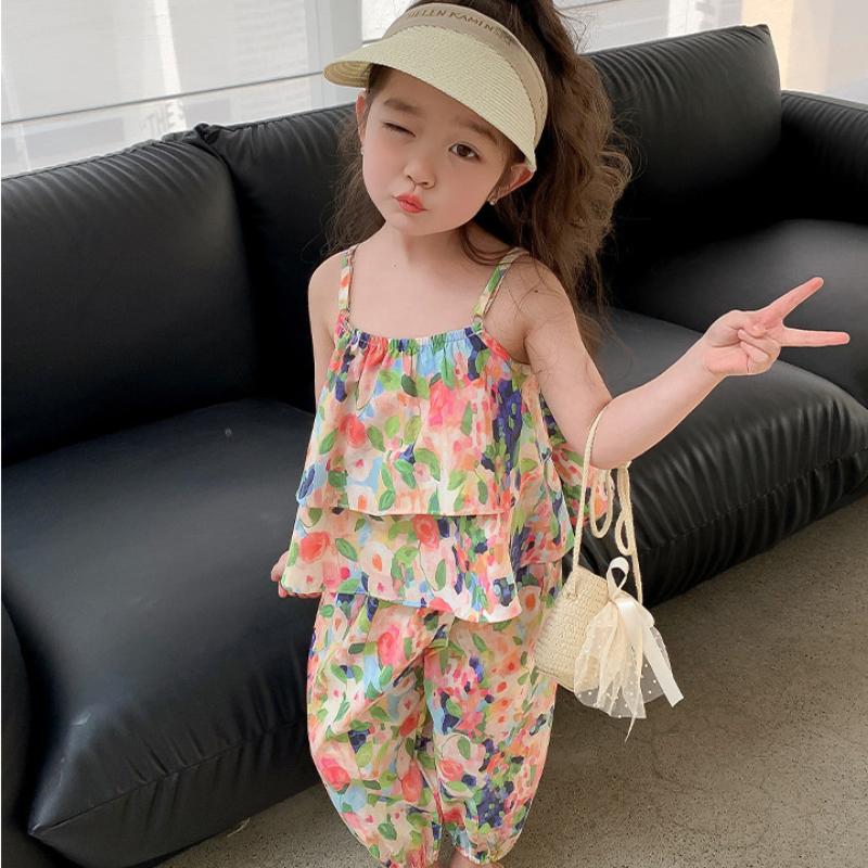 Kinder Kleidung Floral Ärmellose Hosenträger Lose Tops + Geerntete Hose Kinder Atmungsaktive Sport Casaul Outfit Zwei Stücke Set