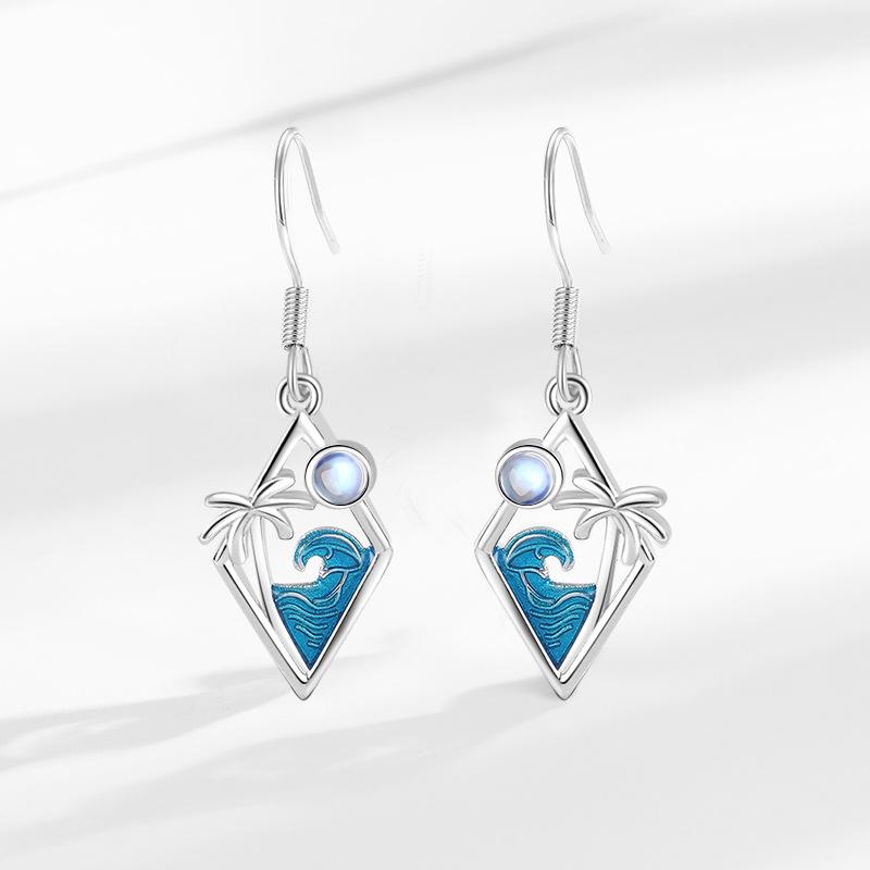 New Popular Design Wave Earrings Coconut Tree Moonstone Simple and Exquisite Earrings