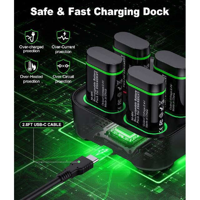 Upgraded Fast Charging Rechargeable Battery Packs with Light Control, 4 X 4800mWh Xbox Controller Batteries with Battery Charging Dock/Station for