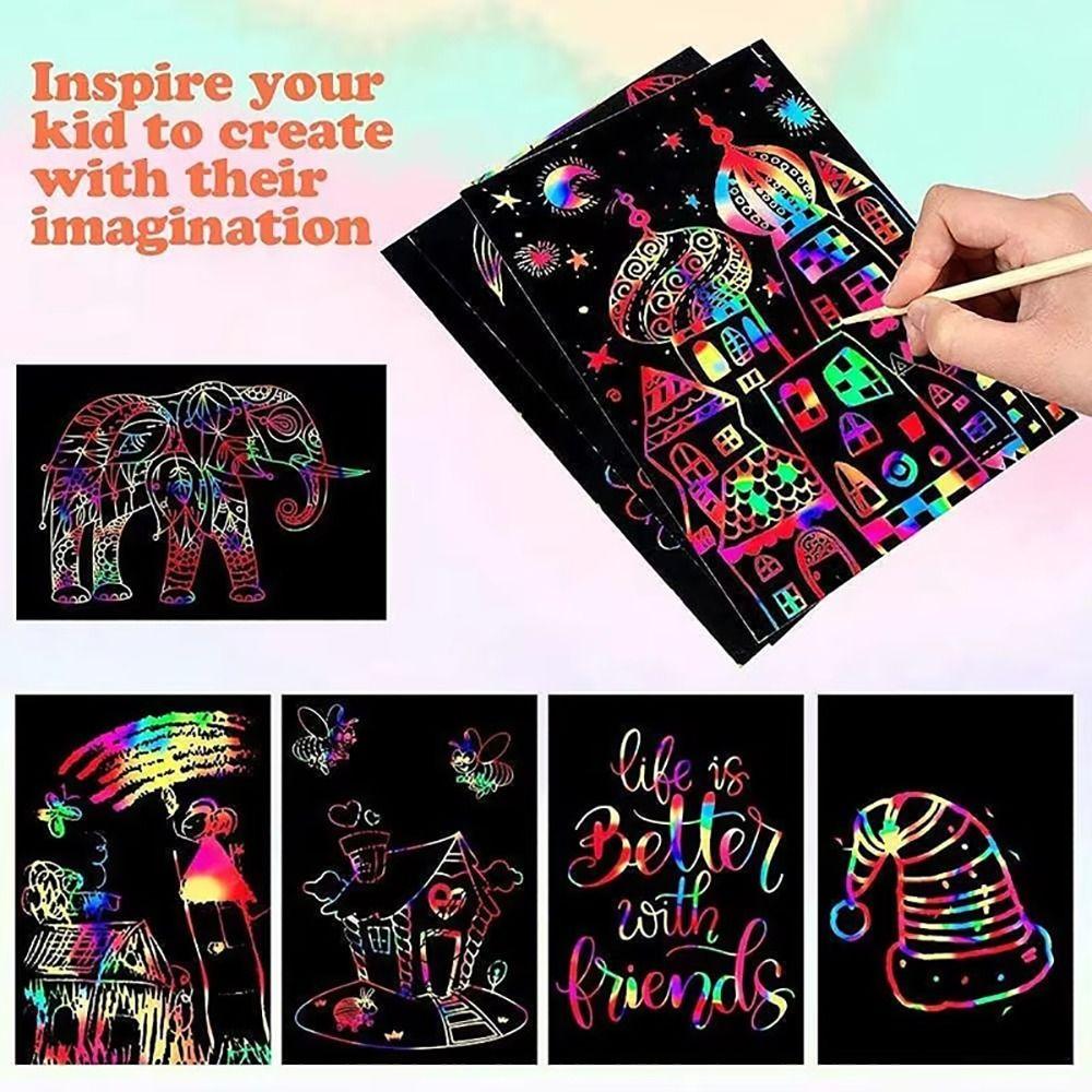 20Pcs 16/32K Scratch Painting Paper with Bamboo Stick Rainbow Magic Graffiti Drawing Paper DIY Creative Black Art Painting Kit