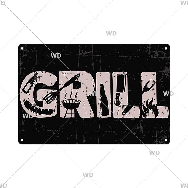 BBQ Vintage Tin Sign Plaque Barbecue Metal Plate Sign Wall Art Decoration Kitchen Man Cave Terrace Beach House Club Wall Decor