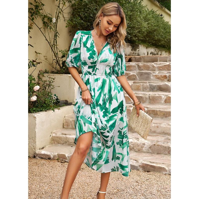 

Женское летнее платье с облегающим талию глубоким V-образным вырезом и принтом, длинное XL светло-зеленый