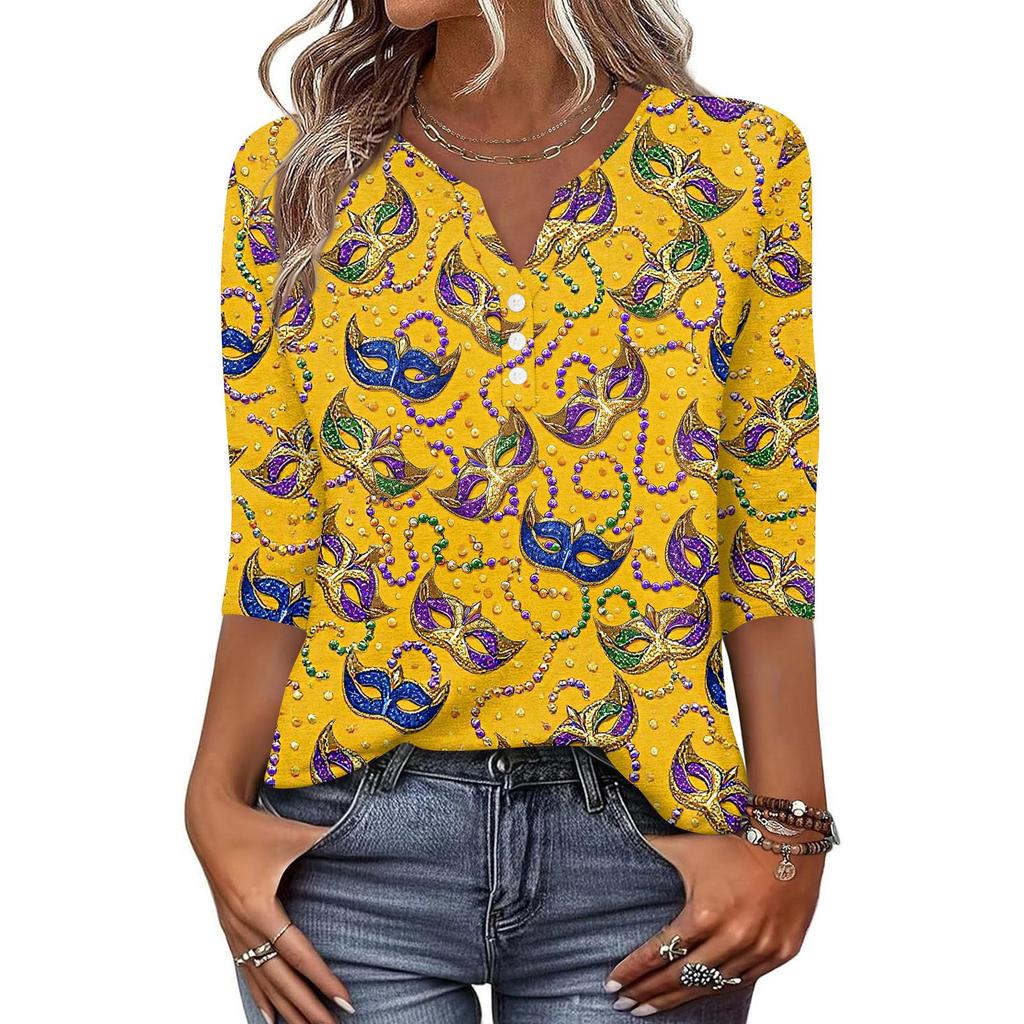 Dámské tričko s potiskem, knoflíky, 3/4 rukávy, pro každý den, na víkend, módní, základní, s výstřihem do V, běžný top