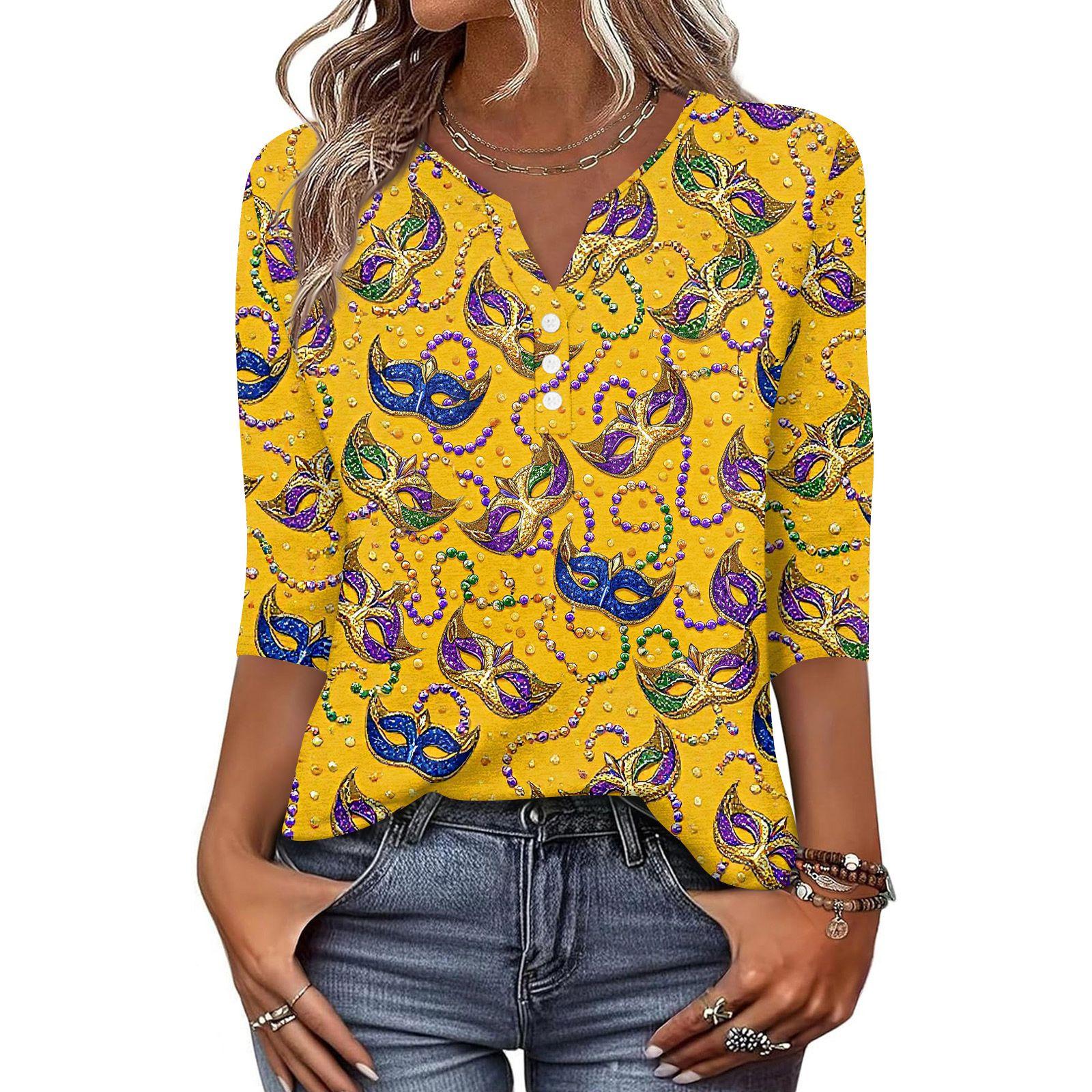 

Жен. Футболка С принтом Пуговицы Рукав 3/4 Повседневные Выходные Мода Классический Классический V-образный вырез Обычный Верх M