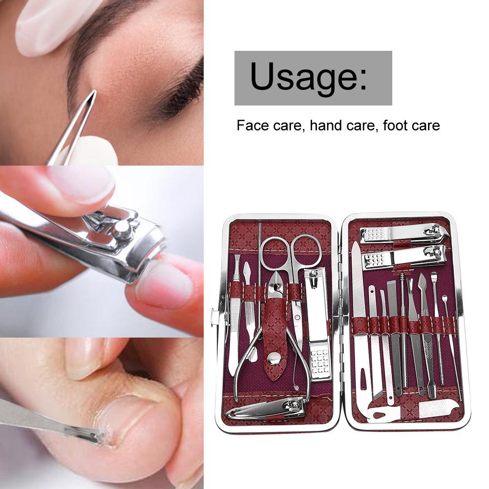 19pcs Manicure Pedicure Nail Clippers Set Stainless Steel Acne Removal Tool KitBurgundy