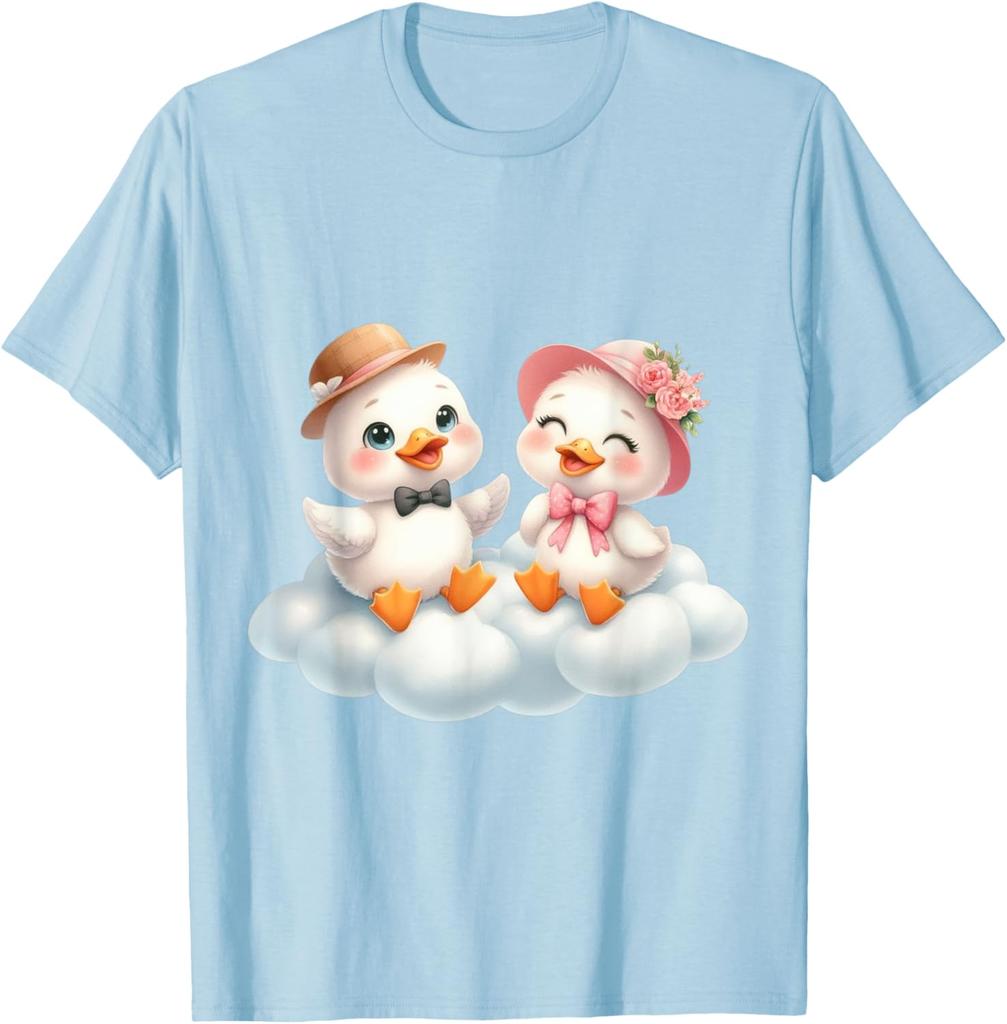 Cute Duck Couple Sitting on Cloud Graphic Print Cotton Casual Daily T-Shirt