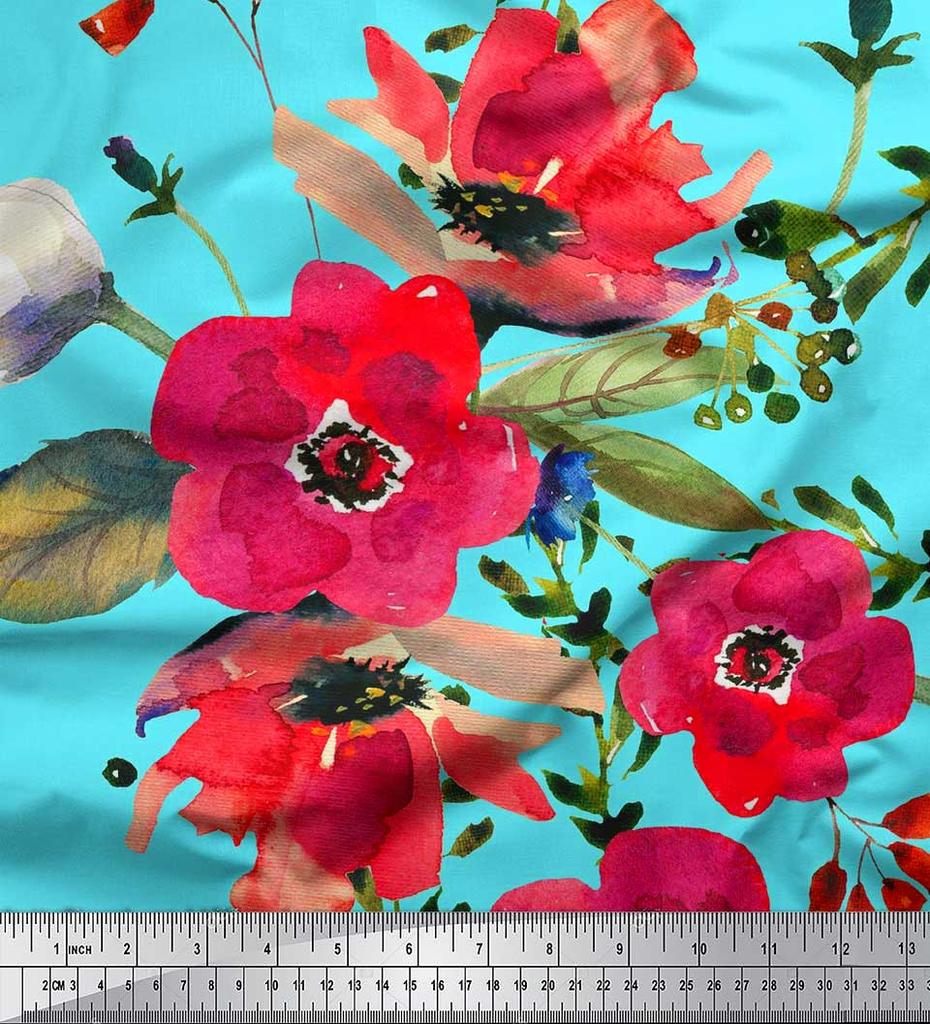 Soimoi Japan Crepe Satin Fabric Leaves & Poppy Flower Print Sewing Fabric Metre 42 Inch