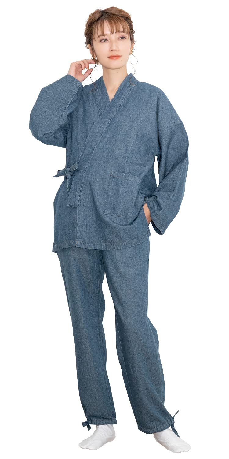 

[KYOETSU] [Kyoetsu] Samue (Japanese workwear) - Denim, Washable, Plain, 100% Cotton, All Season, Women s (L, Light Blue)