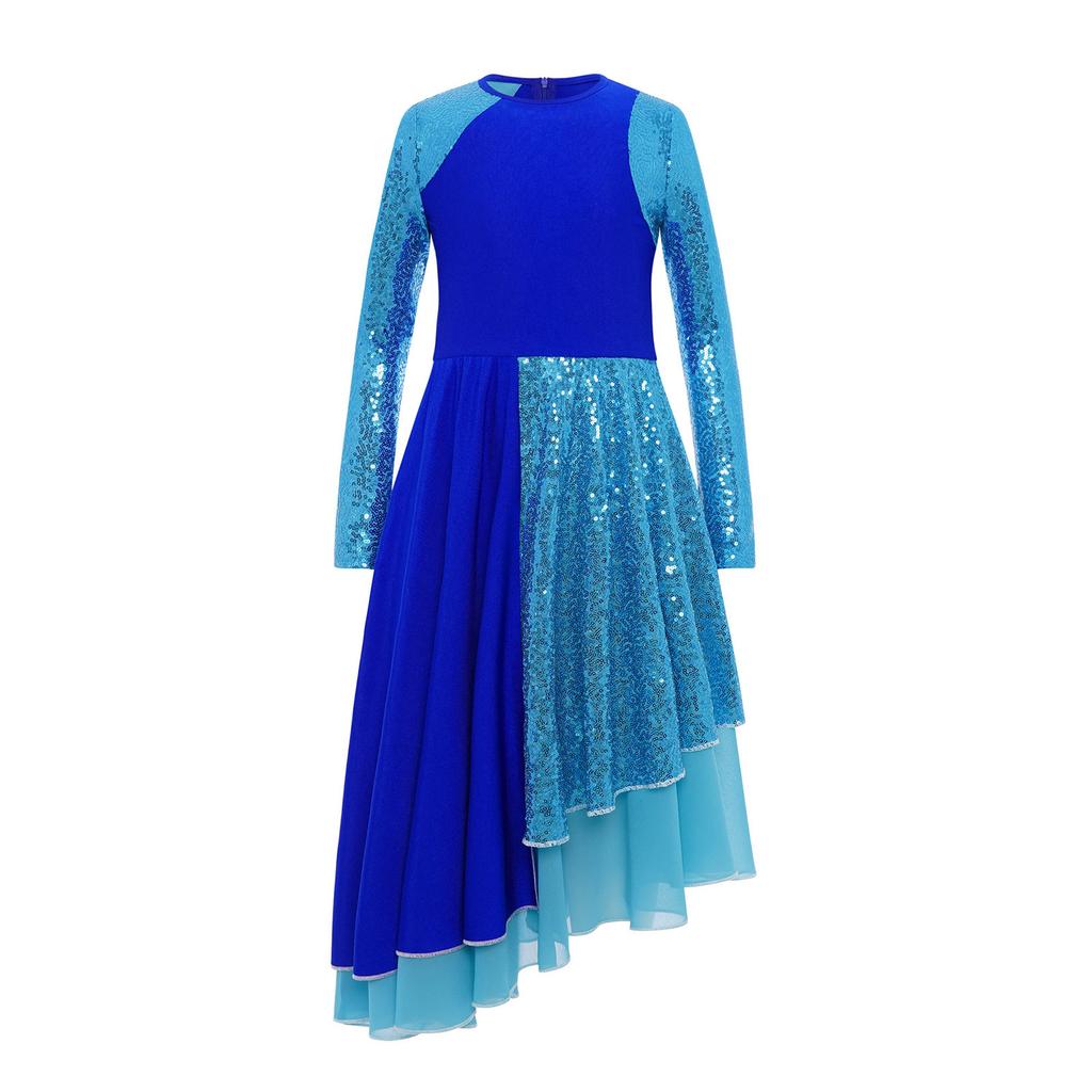 Girls Praise Dance Dress Long Sleeve Round Neck Design with Sparkling Sequins Color Block Asymmetrical Robe