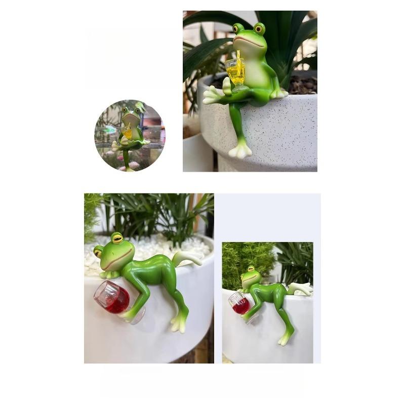 Funny Drinking Frog Statue, Sherum Resin Hanging Pot Hugger Sculpture for Garden, Whimsical Outdoor Vianys Frog Figurine Plant Pot Ornament