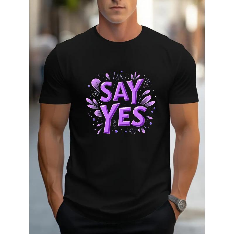 European Size Men's Crew Neck T-Shirt - Black with Purple Floral &"Say Yes" Graphic Print, Summer Casual Short Sleeve Tee,Regular Fit Machine Washable