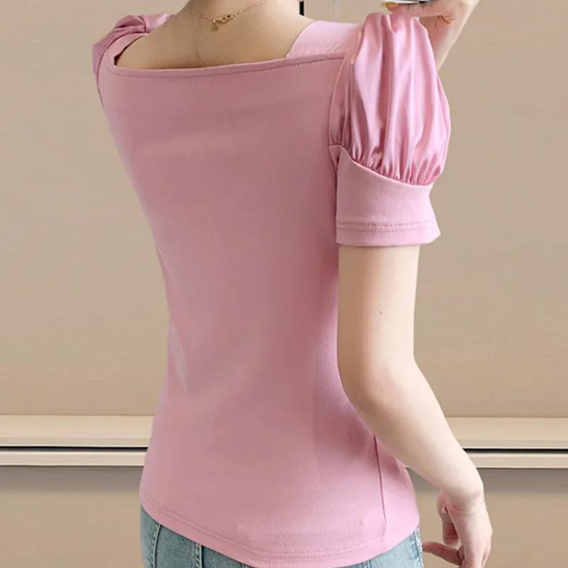 Fashion Summer Ladies Cotton T-shirt Elegant Short Sleeve Women Brand Top Shirts Chic Sexy Square Neck Ruffles Hot Diamonds Tees