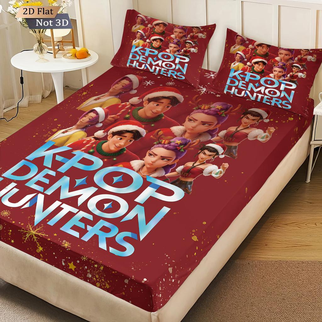 3 Christmas K-Pop Demon Hunters Print coreless Bed Sheet Set Multiple Size Bedcover Bedroom Bedding Decoration Machine Washable