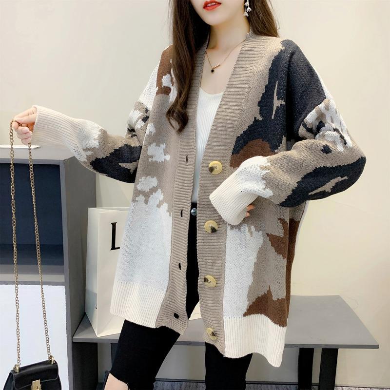 Fashion Loose Knitted Cardigan Printed Sweater Women's 2025 New V Neck Long Sleeve Casual Office Simple Spring and Autumn Coat Outside Clothing