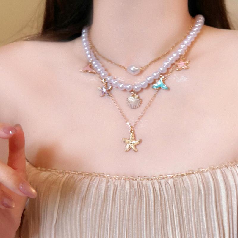 Starfish & Pearl Multi-Layer Necklace: Island Resort Clavicle Chain Jewelry