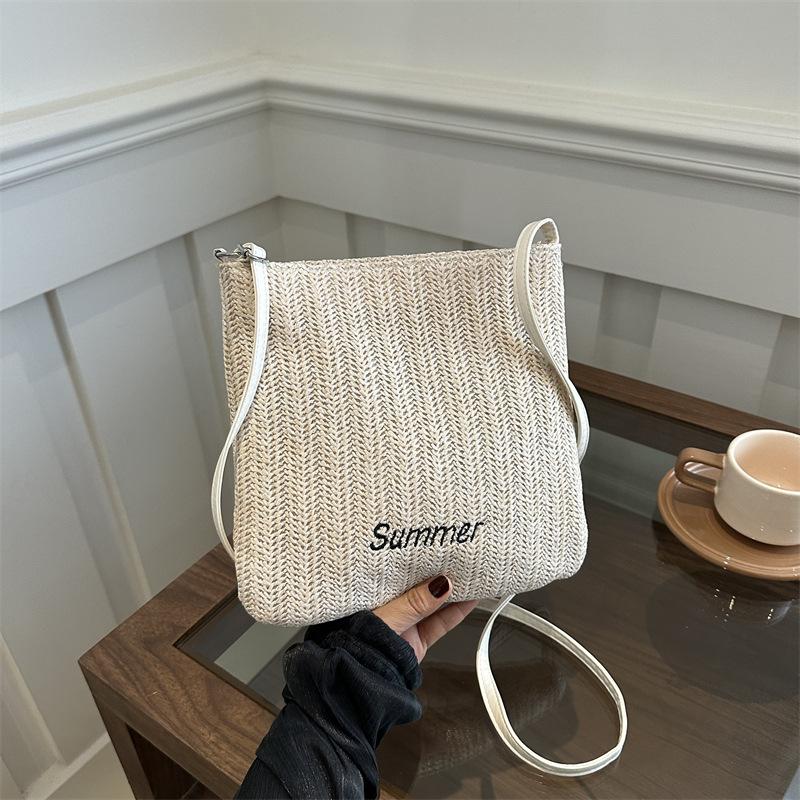 Woven Bag Women's New Large-capacity Letter Shoulder Bag Outdoor Leisure Lightweight Inclined Bucket Bag