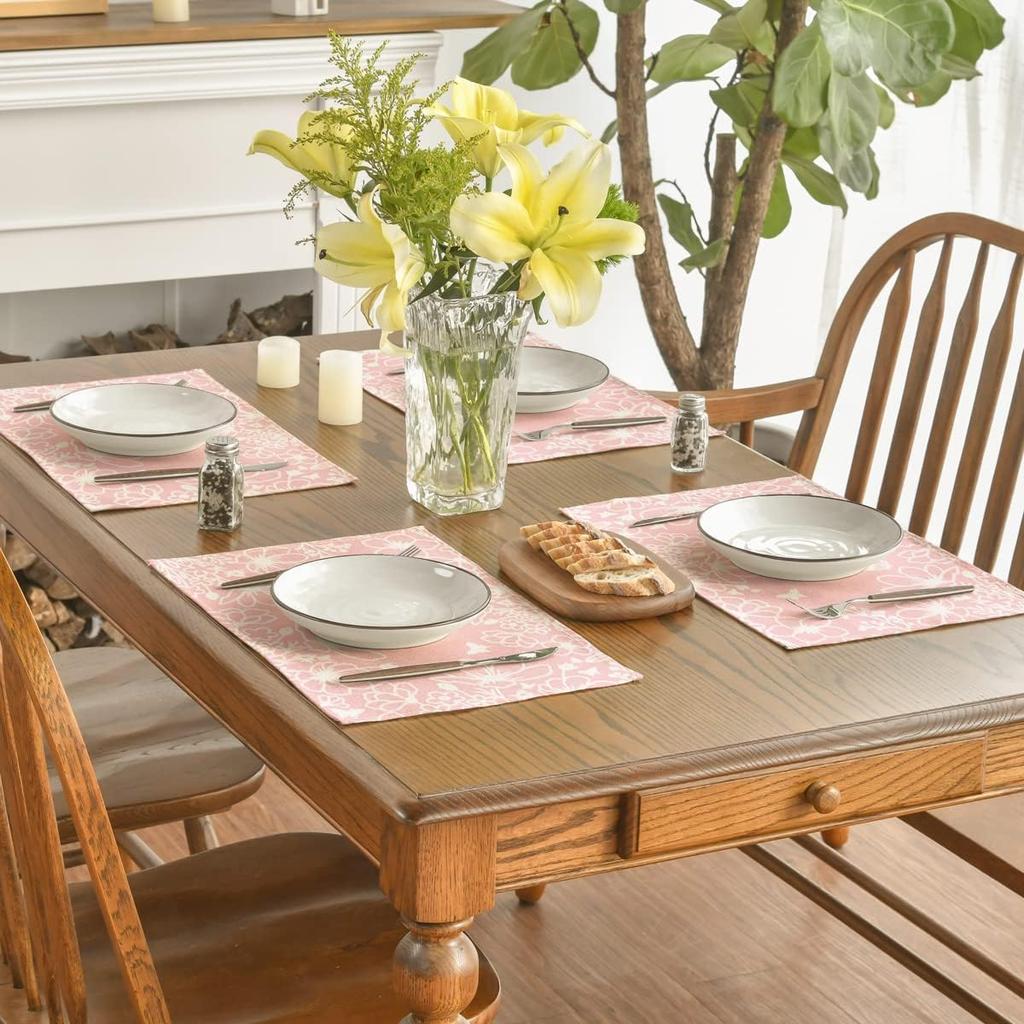 Pink Bloom Flowers Summer Placemats Set of 4, 12x18 Inch Seasonal Spring Table Mats for Party Kitchen Dining Pink Decoration