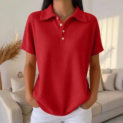 Women Tops Lapel Short Sleeve Buttons Half Placket Shirt Tops Pure Color Waffle Texture Regular Fit Casual Shirt Home Dates Versatile Wear